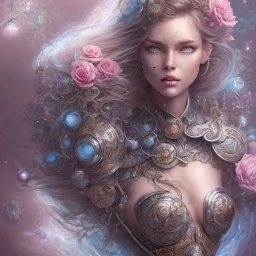 fantasy magic, intricate, sharp focus, illustration, highly detailed, digital painting, concept art, artgerm and paul lewin and kehinde wiley, masterpiece sexy lips with smile Celtic lady body flowers head silver bright rain lady outer space pretty, pink blue