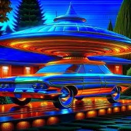 award winning car and driver digital 64k photorealistic image of a futuristic used UFO station wagon designed by an unknown alien civilization for sale in the front yard of a kentucky home, only one vehicle per image painted metallic orange traveling at a high rate of speed,the rear with bright blue flame, bilaterally symetrical