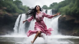 Hyper Realistic Photographic Very Close Shot Of A Beautiful Pashto Woman With Long Black Wet Hair Wearing A White And Pink Tie-And-Dye Dress, Happily Jumping On A River Water And Enjoying Rain With A Beautiful Waterfall And Cloudy Weather At Heavy Rainfall Showing Dramatic And Cinematic Ambiance.