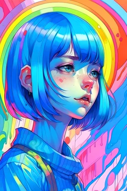 Anime girl with a blunt bob hair cut dyed a deep blue, eyes are half closed, hazy, stoned, and she is throwing up a pastel rainbow, pastel gothic theme, surreal fantasy digital illustration, overlaying paper textures, collage style cut out, manga drawings, cartoonist, exaggerated, colorful, spirited away, realistic emotion, optical art, symbolism, psychedelic, holographic, science fiction, futurisric, chrome, 80s airbrush surrealism