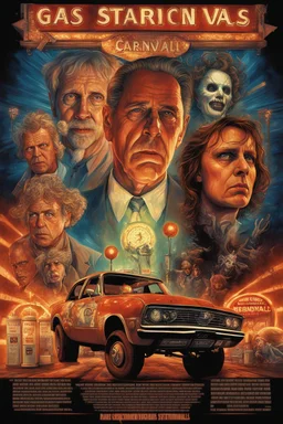 Modern movie poster art by Drew Struzan, with text "GAS STATION CARNIVALS" by "THOMAS LIGOTTI" about a sinister hallucinatory broken-down sideshow at a gas station, surreal horror art, by Bill Elder, by Gahan Wilson, warm somber colors, dramatic mixed media, intricate detail, volumetric lighting, artistic photo layering effect.