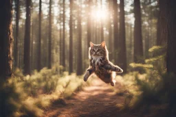 dinamycally jumping antropomorph cat owl in a pine forest in sunshine, ethereal, cinematic postprocessing