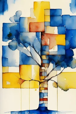 Abstract watercolour painting of a tree in the style of mondrian