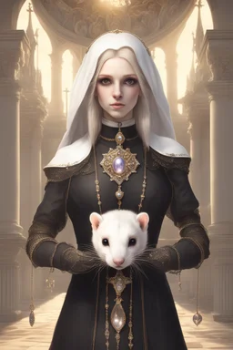 (anthropomorphic white ferret),dressed in ((cleric fantasy)) black clothes with silver holy ornaments, realistic anatomy, posing, cute face, fantasy inspire, fantasy church on background with warm sunshine lighty from behind, gloomy atmosphere, (((high angle shot))), purple armband, The holy icon style, RTX, praying, close eyes