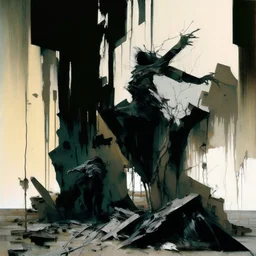 A dark abstract minimalist painting of Lebbeus Woods brutalist concrete twisted bodies. Breaking apart. In a desolate landscape at. In the style of by Ashley Wood and Justin Mortimer. Large oil brushstrokes