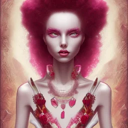 Fire witch, round face, pale skin, wild curly pink hair, red eyes, pink and red eyeshadow, pink glossy lips, wearing a pink witch, wearing a red crystal necklace