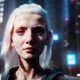 A medium-close-up shot of a young, white-haired nymph woman with cybernetic modifications standing on a sidewalk in a cyberpunk city. The woman only has one head, but also a gentle smile.