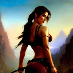 Drawing of beautiful face,'beautiful booty,Busty Lara Croft',intense stare, ancient skintight armor, balanciaga fashion clothe painting by gaston bussiere, greg rutkowski, yoji shinkawa, yoshitaka amano, tsutomu nihei, donato giancola, tim hildebrandt, Oil on canvas, cinematic composition, extreme detail,fit full head inside picture,16k