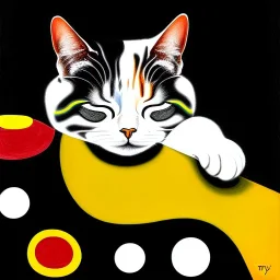 oil portrait of tricolor pattern Cat sleeping in a black sofa by Joan Miró 8k