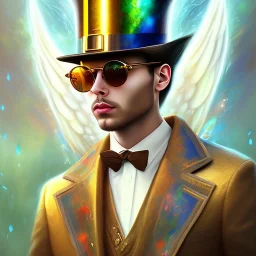 water color and spray painting fantasy art, portrait angel gentleman, dark hair,top hat, wearing golden sun glasses,holding harp, standing in portal to wet forest world from city world,poetry book illustration