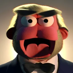 Angry muppet trump, round nose, in suit, eyebrows, spray tan mad