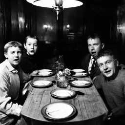 Photo of a family sitting at the dinner table. Hypermaximalist, grime, shadow, fog, unsettling, antique, old, liminal, odd, uncanny, transformational, interesting, rift, cryptic, low-fidelity, unreal, deserted, abstracted, twins, ambiguous, surreal, jaws, elongated, oblong, undulating, mouths, eyes, eerie