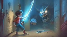 boy fends off the evil monster that came out of his closet with a magical sword