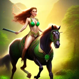 fullbody portrait of beautiful busty amazon woman with big green eyes riding a horse by Rodolfo Amoedo 8k