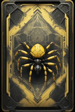 sacred geometry framed playing card, black and yellow crab ant spider with shadows boss card in the style of Giger and fallout 4 ,,bokeh like f/0.8, tilt-shift lens 8k, high detail, smooth render, down-light, unreal engine