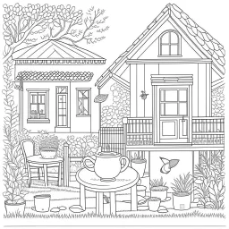 GARDEN HOUSE, "Garden House Tea Party: Join a delightful tea party.", full view, realistic, coloring page, only draw lines, coloring book, clean line art, wildlife-inspired, kid style, –no sketch, color, –ar 3:4, white background, minimalistic black lines, 8k, minimal black color, low level black colors, coloring page, use pure black and white colors, avoid thick black colors, thin black line art, avoid colors, perfect shape, perfect clear lines, clear edges,