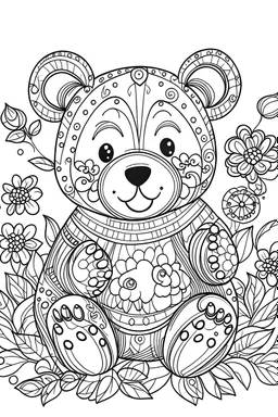 Outline art for coloring page, WHIMSICAL HAPPY TEDDY BEAR, coloring page, white background, Sketch style, only use outline, clean line art, white background, no shadows, no shading, no color, clear