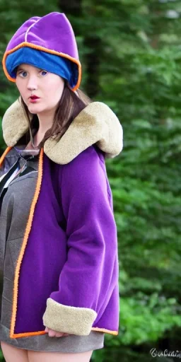 Brunette.thick thighs,thick calves,flat belly,curvy fell. big head. Mantle is sewed of upcycled Denim and sewed together of camouflage pieces. Pieces' color are orange, cream and purple. It is with big bright purple felt tippet and cream-colored-hood. mantle is merged with satchel. . Big colored headphones (gold rings!) is merged with small felt cap with small visor. Style: Haute Couture in 1950's Africa, N.Y.C fashion in 1996, inspired 2023 Paris