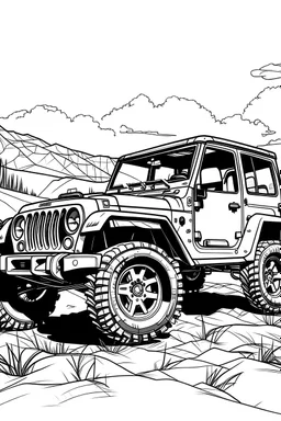 Outline art, no shading, full body jeep, black and white, lno shading, ow detail, --ar 9:11