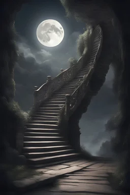 Picture of a beautiful old stage,The staircase stands unwavering, a symbol of strength and endurance. It provides a path towards solace and safety, guiding the child towards the distant moon. As they climb higher, their eyes fixated on that ethereal destination, they embody the undying spirit of resilience and the unwavering pursuit of a better future. A dark and scary forrest a ballerina girl on the stair