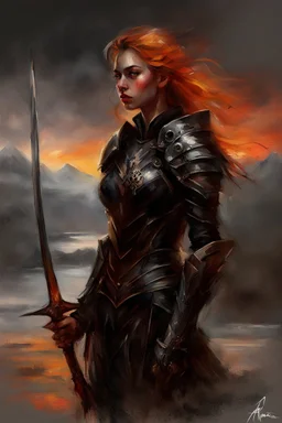 A formidable warrior girl in black armor, on the background Amazing gloomy landscape, flooded with sunset, mountains, trees, fabulous scary hero, , juicy emotions, painting, dark fantasy, gloomy day, dark world, portrait, by Anna Razumovskaya