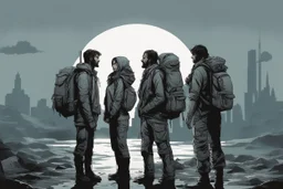 four persons, standing, silhouette, comic book,post-apocalypse, gray background, backpack,