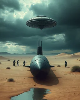 A nuclear submarine left in the desert with sands and a little water and stormy clouds ,moved by a ufo spaceship and aliens are surrounding the submarine examining the submarine is tied by iron rob lefter it up by the ufo spaceship in the water