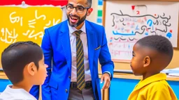 A male teacher explaining in a primary school, Egyptian complexion