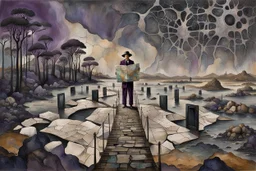 face to the camera in midle one alone human figure with a big map his hands in weird alternative clothes stands on the thin bridge , weird whimsical landscape, forest, and Sahara water and rocks,, around surreal cracked painted weird land with some black doors. dark purple, gray, black, white, brown. Whimsical style of Chagall , of Minjae Lee and Anton Semenov, lonely with absurd beauty. broken, weird bizarr,e absurd nightmare, neuron network background, surreal vibe