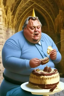 fat viktor orban eating cake in a castle