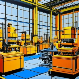 An orange colored factory with robots painted by Roy Lichtenstein