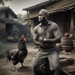 a black man holding a chicken in a village setup 3D real image