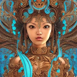 Sango fantasy, fantasy magic, intricate, sharp focus, illustration, highly detailed, digital painting, concept art, matte, art germ and Paul Lewin and Kehinde Wiley, masterpiece silver elephant head bronze Buddha Asian girl nice breast turquoise golden waves