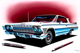 a true-to-life 1963 Chevrolet Impala, centered, intricate, extreme detailed, photorealism, center view, city background, pivot on chevrolet, pen and color marker painting by cheryl kelley