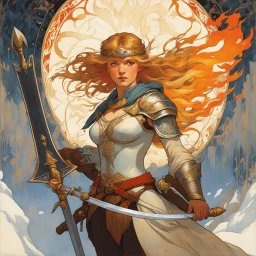 [art by Alphonse Mucha] in the heart of the village, shield in hand and sword at the ready, Astrid stood tall. Her hair, the color of flames, whipped around her face in the icy wind, adding to her fierce appearance. The sound of war cries and clashing of weapons filled the air as the enemy approached. Astrid's eyes blazed with determination as she prepared to defend her people.She was not just a shieldmaiden; she was the shieldmaiden. Known throughout the land for her unmatched skill in battle a