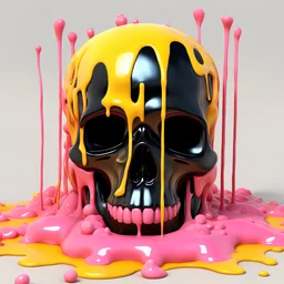 ((melting black skull)) dripping pink and yellow acrylic paint, fluid form, gooey, Pixar 3D cartoon animation style, big eyes, plasma popcorn, candy sprinkles, 3D abstract art, CGI, animated photorealism, liquid pop surrealism, ((Max Ernst, Sabbas Apterus, Ron English)), HDRI, hyper detailed, stylised, creative cinematic, lighting, depth of field, smooth surface, vibrant, surreal art, ray tracing, rim lighting, ground reflections, cgsociety, Maya, Arnold Render, Houdini FX