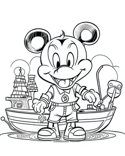 outline art for Mickey Mouse Steam Boat coloring page, Japanese manga style, cartoon style, cute face, white background sketch style, full body is a must, only use outline, clean line art, no shadow, bold outline