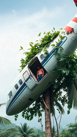 In airplane crashed on a top of tree in the jungle the door of the plane is gone and green leaves surrounding the top of the plane and a man is dead inside the plane you can see him from the broken plane door a far camera front view to show the whole plane on the tree