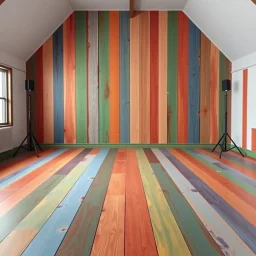 Central Symmetrical View Of A Colorful Wooden Floor & Wooden Wall With Colorful Brush Strokes In An Empty Room With Marquee Light Setup.