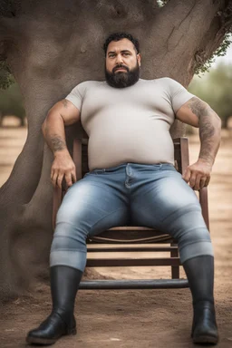 half figure shot photography of a marocan ugly dirty burly muscular chubby farmer 36 years old, bullneck, strong arms, big belly, manly chest, very sweat, short beard, tattoo, curly hair , short bulging pants, open legs sitting on a chair under an olive tree , big tights, barefoot, ambient occlusion, hyper detailed photography, photorealistic, 35mm lens, side light, frontal view from below, natural colors