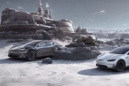 A Tesla 'Model Y' is parked, on the planet 'Hoth'. CINEMATIC. WIDE ANGLE LENS. PHOTO REAL.