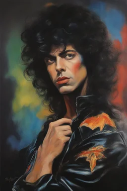 oil painting, text "KISS" - facial portrait with makeup - 20-year-old Jerry Lewis with long, wavy curly black 1980's style big hair, wearing a black leather jacket, extremely colorful, multicolored watercolor stained wall in the background - in the art style of Boris Vallejo, Frank Frazetta, Julie bell, Caravaggio, Rembrandt, Michelangelo, Picasso, Gilbert Stuart, Gerald Brom, Thomas Kinkade, Neal Adams - explosions, flames, fog, clouds, dust,