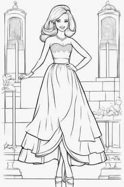 outline art for kids barbie coloring pages with barbie with short dress, no background, sketch style, full body, only use outline, mandala style, clean line art, white background, no shadows and clear and well outlined. should look exactly like barbie