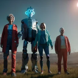 Ultra Realistic home family portrait. father. mother. daughter. alien pet. assistant robot. retro futuristic, doctor who style. smile, happy. highly detailed, concept art, unreal engine 5, ray tracing, RTX, lumen lighting, ultra detail, volumetric lighting, 3d, finely drawn, high definition, high resolution.