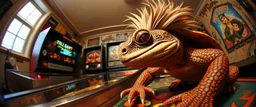 pinhole cam, master oil painting by Rembrandt, good afternoon bitch scary geek gecko dragon turtle with rocker hair, playing pinball