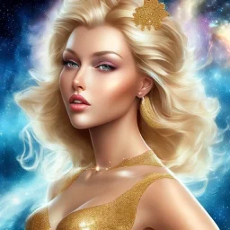 donna bellissima con corpo intero sexy,donna venusiana viso bello con occhi chiari con trucco glitter, capelli biondi,con abito oro,blu e bianco tra le stelle nel cosmo e le astronavi