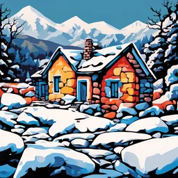 Winter painting with stone house, showing, mountens pop art style