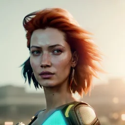 A beautiful portrait of a cyberpunk woman with lot's of grain on her skin red head with hair flying in the wind cyborg smiling facing camera orange color scheme, high key lighting, volumetric light high details with white stripes and feathers unreal 5, octane render, cinema4d, dynamic lighting, dramatic lighting, 4k, redshift render, highly detailed, hyper realistic