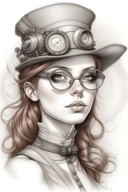 detailed pencil sketch of a athletic petite pale russian redhead woman 30yo, long eye lashes, eye shadow, eye liner, Wearing A victorian Dress and top hat with goggles on the hat by an air ship