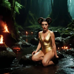 [photo from Pan's Labyrinth (2006)] a real world photograph of Princess Leia in her buns and gold bikini in Rivers of Blood in Hell's Kitchen